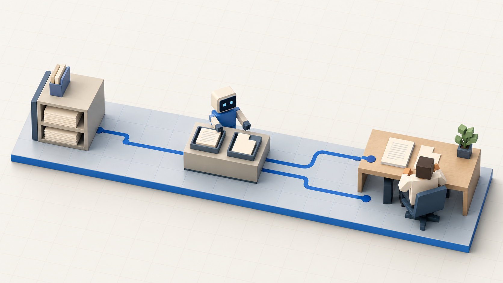 A miniature workflow with documents, a blue agent and two routes to a human reviewer for complete and incomplete information.